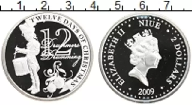 Монета 2 доллара Ниуэ 2009 года Серебро 12 дней рождества