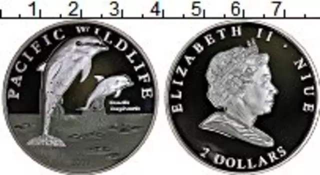 Монета 2 доллара Ниуэ 2009 года Серебро Защита морской жизни, дельфины