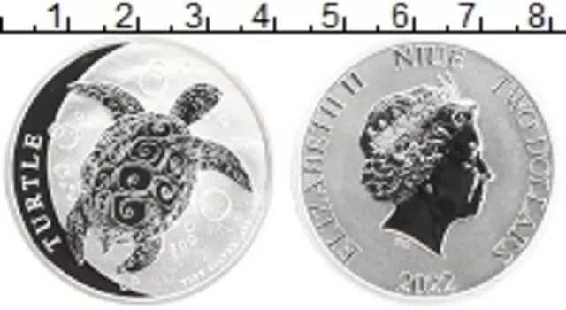 Монета 2 доллара Ниуэ 2022 года Серебро Черепаха