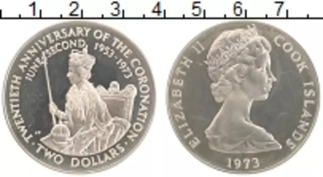 Монета 2 доллара Островов Кука 1973 года Серебро 20 лет коронации Елизаветы II