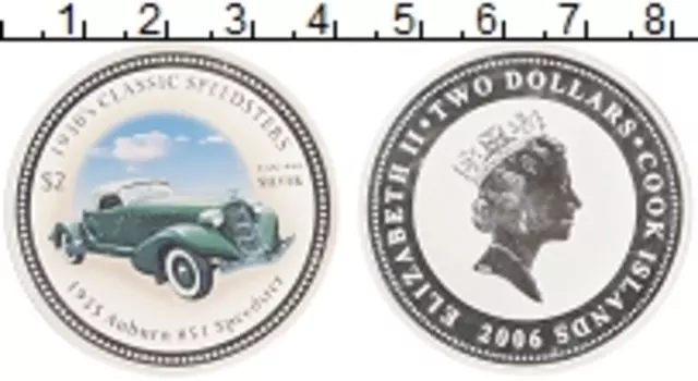 Монета 2 доллара Островов Кука 2006 года Серебро Классика скоростных автомобилей