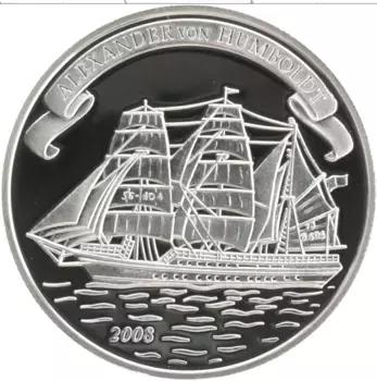Монета 2 доллара Островов Кука 2008 года Серебро Корабль Александр фон Гумбольдт