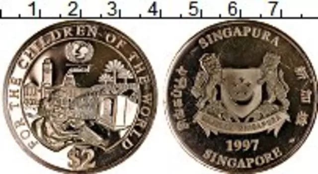 Монета 2 доллара Сингапура 1997 года Серебро Год детей