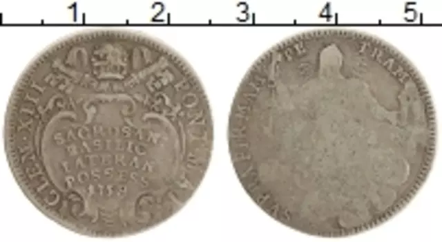 Монета 2 джулио Ватикана 1758 года Серебро Климент XIII