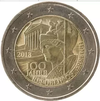 Монета 2 евро Австрии 2018 года Биметалл 100 лет Австрийской Республике