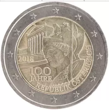 Монета 2 евро Австрии 2018 года Биметалл 100 лет Австрийской Республике