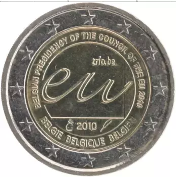 Монета 2 евро Бельгии 2010 года Биметалл Председательство Бельгии в Евросоюзе