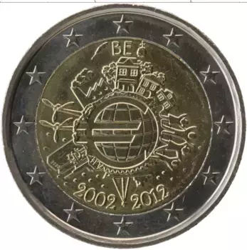 Монета 2 евро Бельгии 2012 года Биметалл 10 лет наличному обращению евро