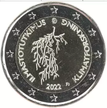Монета 2 евро Финляндии 2022 года Биметалл Исследования климата в Финляндии