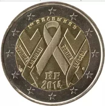 Монета 2 евро Франции 2014 года Биметалл 1 декабря - Всемирный день борьбы со СПИДом