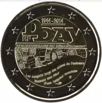 Монета 2 евро Франции 2014 года Биметалл 70 лет D-DAY-открытие Западного (Второго) фронта