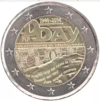 Монета 2 евро Франции 2014 года Биметалл D-Day,70 лет
