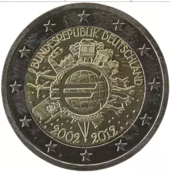 Монета 2 евро Германии 2012 года Биметалл 10 лет наличному обращению евро