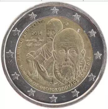 Монета 2 евро Греции 2014 года Биметалл 400 лет со дня смерти Доменикоса Теотокопулоса (Эль Греко)