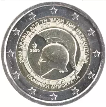 Монета 2 евро Греции 2020 года Биметалл 2500 лет Битвы при Фермопилах
