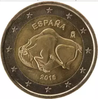 Монета 2 евро Испании 2015 года Биметалл Наскальные рисунки пещеры Альтамира