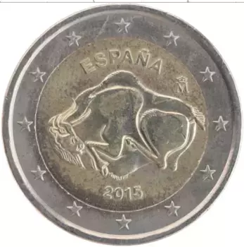 Монета 2 евро Испании 2015 года Биметалл Наскальные рисунки пещеры Альтамира