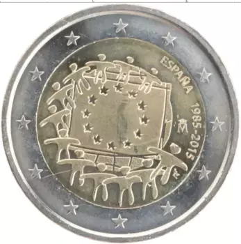 Монета 2 евро Испании 2015 года Биметалл 30-летие флага ЕС
