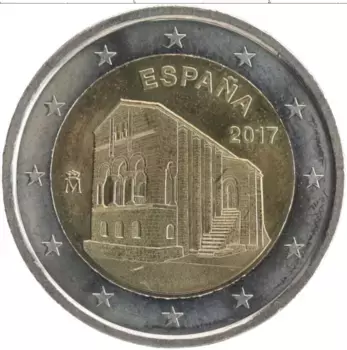 Монета 2 евро Испании 2017 года Биметалл Церковь Санта-Мария-дель-Наранко в Овьедо
