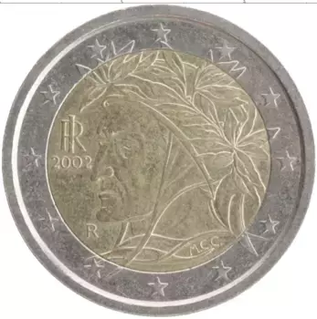 Монета 2 евро Италии 2002 года Биметалл Данте Алигьери