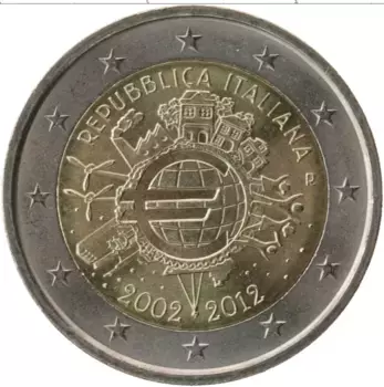 Монета 2 евро Италии 2012 года Биметалл 10 лет наличному обращению евро