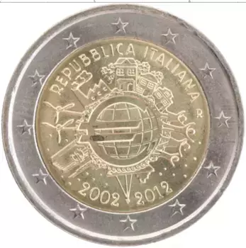 Монета 2 евро Италии 2012 года Биметалл 10 лет наличному обращению евро