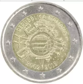 Монета 2 евро Италии 2012 года Биметалл 10 лет наличному обращению евро