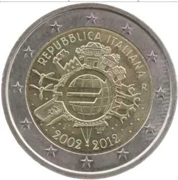 Монета 2 евро Италии 2012 года Биметалл 10 лет наличному обращению евро