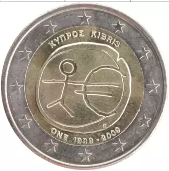 Монета 2 евро Кипра 2009 года Биметалл 10 лет Экономическому и валютному союзу