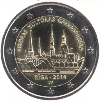 Монета 2 евро Латвии 2014 года Биметалл Рига