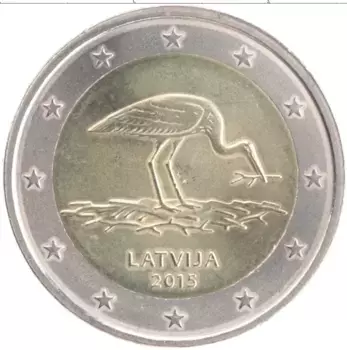 Монета 2 евро Латвии 2015 года Биметалл Аист