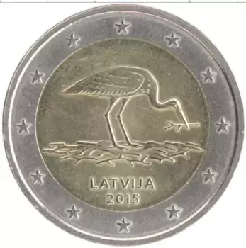 Монета 2 евро Латвии 2015 года Биметалл 30 лет Латвийскому Орнитологическому Обществу