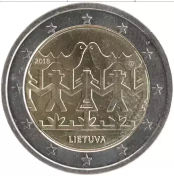 Монета 2 евро Литвы 2018 года Биметалл Литовские песни и танцы