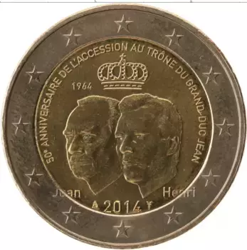 Монета 2 евро Люксембурга 2014 года Биметалл 50 лет вступления на трон Великого Герцога Жана