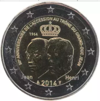 Монета 2 евро Люксембурга 2014 года Биметалл 50 лет вступления на трон Великого Герцога Жана