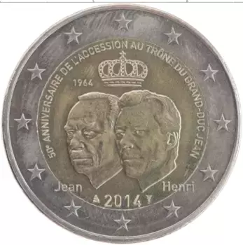 Монета 2 евро Люксембурга 2014 года Биметалл 50 лет коронации герцога Жана