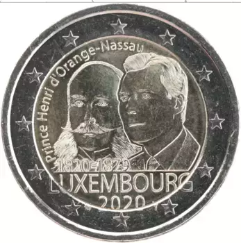Монета 2 евро Люксембурга 2020 года Биметалл 200 лет со дня рождения принца Генриха Оранско-Нассауского