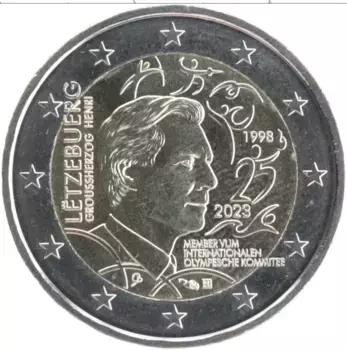 Монета 2 евро Люксембурга 2023 года Биметалл 25 лет принятия великого князя Анри в состав Международного олимпийского комитета