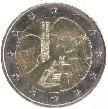 Монета 2 евро Нидерланд 2011 года Биметалл 500 лет издания книги «Похвала глупости» Эразма Роттердамского