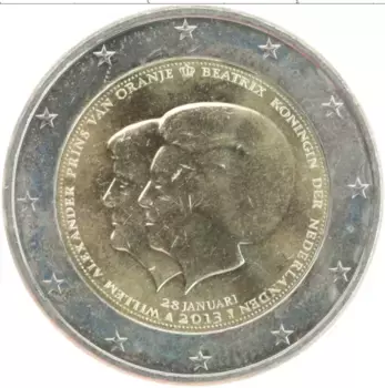 Монета 2 евро Нидерланд 2013 года Биметалл Объявление Королевы Беатрикс о передаче трона принцу Виллему-Александру