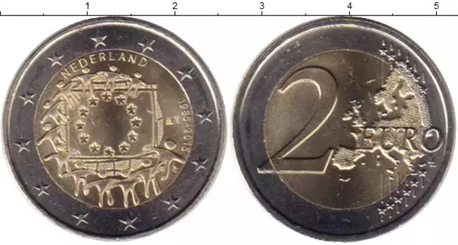Монета 2 евро Нидерланд 2015 года Биметалл 30 лет флагу