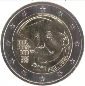 Монета 2 евро Португалии 2017 года Биметалл 150 лет со дня рождения писателя Раула Брандана