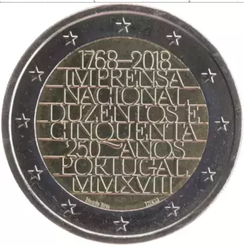 Монета 2 евро Португалии 2018 года Биметалл 250-летие Типографии Imprensa Nacional
