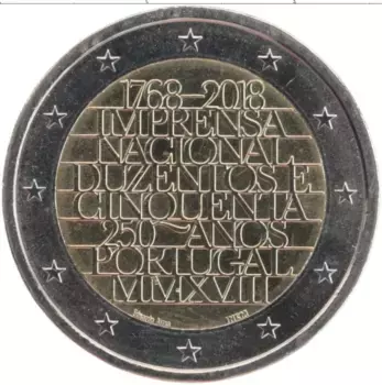 Монета 2 евро Португалии 2018 года Биметалл 250 лет Типографии Imprensa Nacional