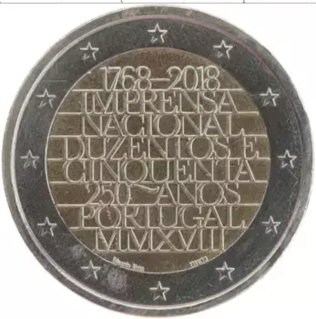 Монета 2 евро Португалии 2018 года Биметалл 250 лет типографии