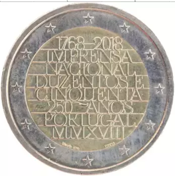 Монета 2 евро Португалии 2018 года Биметалл 250 лет типографии