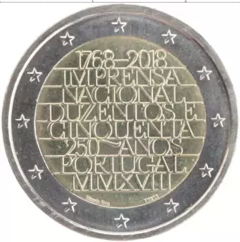 Монета 2 евро Португалии 2018 года Биметалл 250 лет Типографии Imprensa Nacional