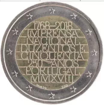 Монета 2 евро Португалии 2018 года Биметалл 250-летие Типографии Imprensa Nacional