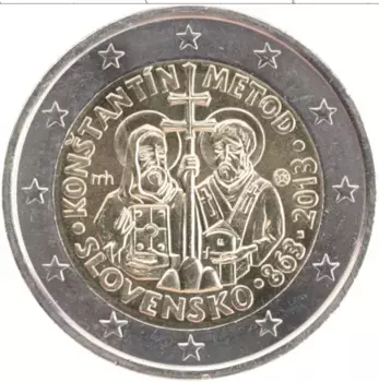 Монета 2 евро Словакии 2013 года Биметалл 1150 лет Славянской письменной культуре