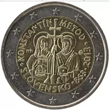 Монета 2 евро Словакии 2013 года Биметалл 1150 лет славянской письменной культуре